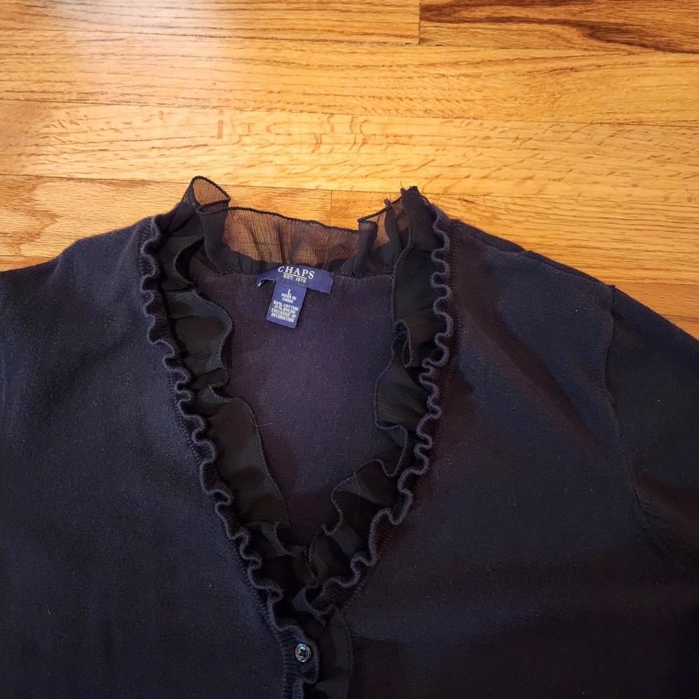 Chaps Black Ruffle Button Up Sweater L - Picture 3 of 3